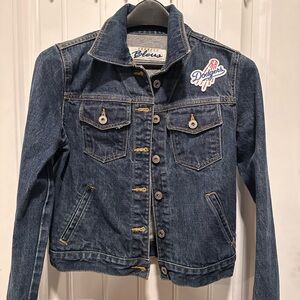 Express Bleus Blue Denim Jacket with Yellow Stitching and Dodgers patches